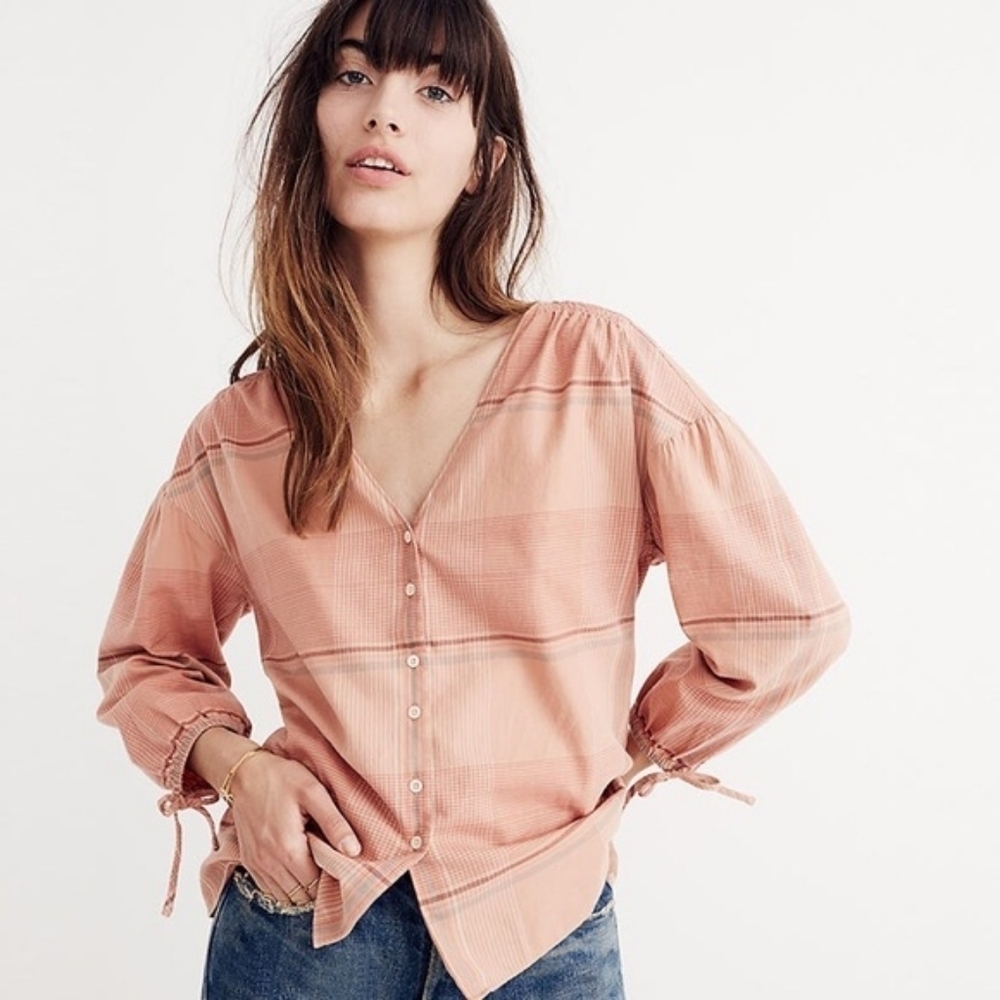 Madewell Morningview peach plaid top tie sleeve cotton women's small EUC